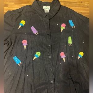 Quaker Factory woman’s 3x plus size linen button down with popsicle and sequins